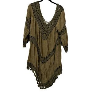 Vivid Importers NY Western Boho 3/4 Sleeve Crochet Tunic Cover-up Olive Large